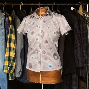 90s Y2K Taupe Baby Blue Floral Button Down Blouse